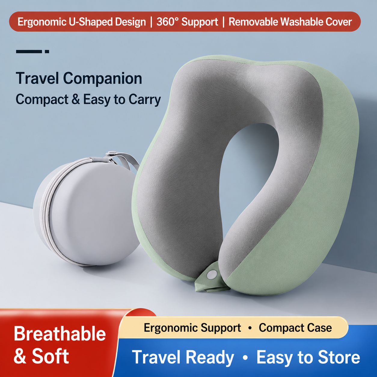 Ergonomic Travel Neck Pillow with Compact Carry Case